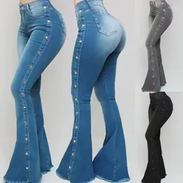 Women's Jeans Women High Waist Elastic Floor Sweeping Horn Fashion Slim Fit Sexy With Studded Beads