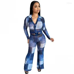 Women's Two Piece Pants 2 Set Flower Print Long Sleeve Blouse Tops And Pant Suits 2024 Spring Autumn Women Sheath Matching Fashion Outfit