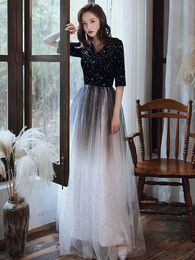 Fancy Evening Dresses Long Prom Dress Elegant V-Neck Short Sleeves Zipper Back Tulle with Shining Sequins