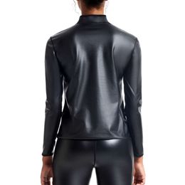 Women Stand Collar Leather Long Sleeves Shirt Motorcycle Top Body Shaper Waist Trainer Slim Tshirt Fashion Casual Shapewear Tops