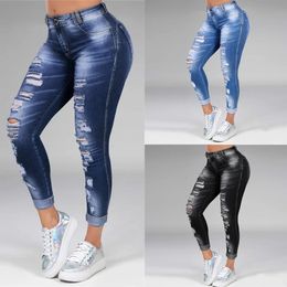 Women's Jeans plus size 5XL Women Ripped High Waist Trousers Skinny Denim Hollow Bleached Long Pants Pencil 231206