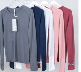 Yoga Long Sleeve Shirt Blouse Solid Colour Pinstripe Sports Fitness Round Neck Jogging Sportswear Breathable