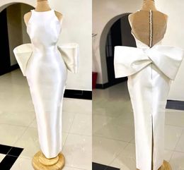 2024 Elegant Wedding Dress White Satin Floor Length O Neck Column Bride Party Gowns Women Slit Big Bow Illusion Back Bridal Guest Dresses Vestidos De Noiva