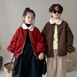 Jackets Kids Coat Tops Winter Boys Girls Korean Fur Collar Zipper Jacket 2023 Children Clothing Thick Casual Soild Versatile