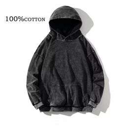 Men s Hoodies Sweatshirts 100 Cotton Clothing Vintage Black Acid Wash Men Women Oversized Hip Hop Casual Pullover Y2K Clothes 231206