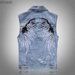 Men's Jackets Hot New Men's Ripped Denim Vests With Wings Embroidery Hi Street Distressed Denim Sleeveless Jacket Waistcoat Plus Size M-5XL YQ231207