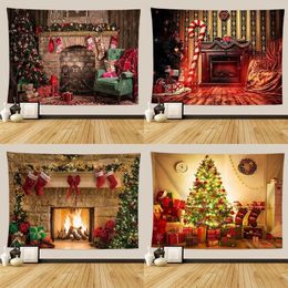 Tapestries Christmas Tapestry Vintage Fireplace Xmas Tree Gifts Farmhouse Christmas Wall Hanging Year Home Living Room Sofa Decoration 231207
