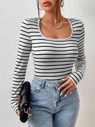 Women's T Shirts Women T-shirt Long Sleeve U Neck Striped Slim Fit Ladies Fall Tops Streetwear For Casual Daily