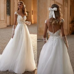 Boho A Line Wedding Dresses for Bride Illusion Back V Neck Beads Lace Wedding Dress Designer Bridal Gowns