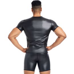 New Men T Shirt Faux Short Sleeve Tops Male Slimming Shirt Body Shaper Waist Trainer Corsets Leather Shapewear Underwear