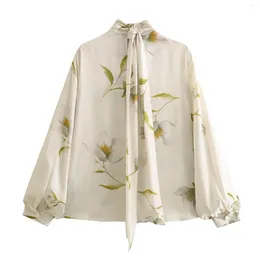 Women's Blouses Floral Print Silk Like Blouse With Elegant And Mature Style For Spring Autumn Solid Shirts Vintage Baggy