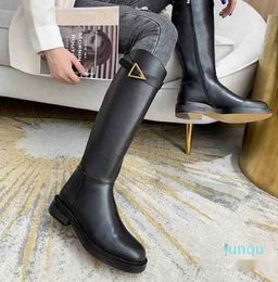 real leather flat heels triangle belt long boot women designer winter shoes