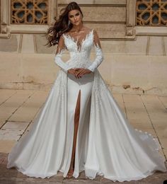 Arabic Dubai Pearls Wedding Dress 2024 Mermaid Sheer Beading Bridal Gowns Custom Made Split Detachable Train Vestidos De Noiva