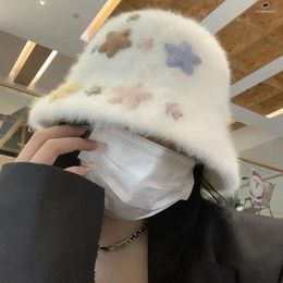 Berets Autumn Winter Fur Bucket Hat Female Cute Star Pattern Plush Fisherman Hats Warm Cover Basin Skullies Beanies Y2k
