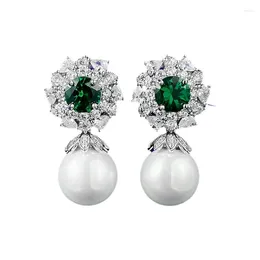 Stud Earrings SpringLady Elegant 925 Sterling Silver 12MM Pearl Emerald Gemstone Drop Ladies Trendy Vintage Jewelry