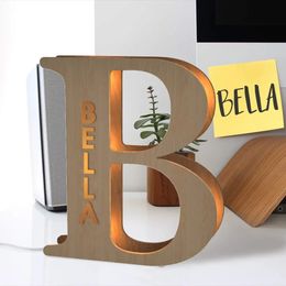 Key Rings Personalized Wall Decor LED Night Light 26 Letter with Engraved Name for Couples Baby Room Bedroom Custom Wooden Lamp 231206