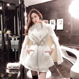 Women's Leather Faux Autumn Winter White chic Beaded Elegant Warm Velvet Fur Cloak Jacket For Women Bat Streetwear Abrigos Mujer Invierno 231207