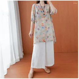 Women's Blouses Chinese Style Modified Hanfu Printed Thin Soft Top Women Retro Buttoned O-Neck Slanted Placket Casual Loose Midi Artistic