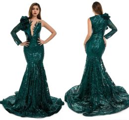 2024 New Royal Blue Dark Green Mermaid Prom Dresses Sparkle Sheer Neck Long Sleeve Sequins Lace Appliques Ruffles Long Evening Gowns BM3500