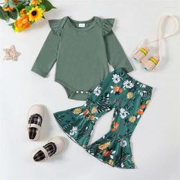 Clothing Sets BeQeuewll Baby Girl 2Pcs Spring Outfits Ruffle Long Sleeve Crew Neck Romper And Flare Pants Set Infant