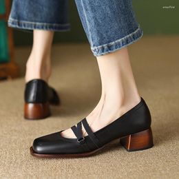 Dress Shoes Spring/Autumn Women Pumps Genuine Leather For Square Toe Chunky Heel Slip-on Mary Janes Plus Size