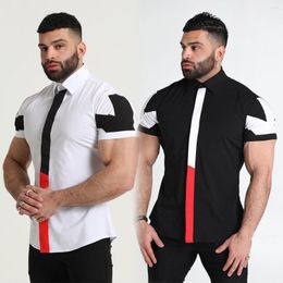 Men's Casual Shirts European And American Style Clothing Fashion Patchwork Contrast Colour Slim Fit Short Sleeve Shirt Plus Size Top