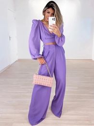 Women's Two Piece Pants 2023 Autumn Women Pieces Sets V-neck Short Tops And High Waist Loose Backless Large Size Fashion Casual Suits