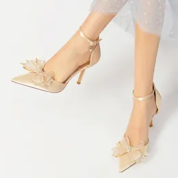 Sandals Satin Evening Dress Shoes Pointed Toe With Sweet Mesh Bow Bridal Wedding Party Prom Thin High Heels Ankle Strap Ivory