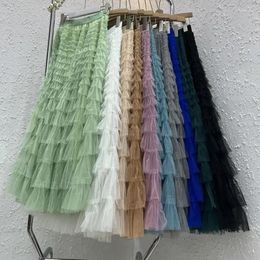 Skirts Ladies Elegant Fashion Mesh Long Black Skirt Women Clothes Girls Korean Pleated Cake Chic Casual Faldas Largas VA1230