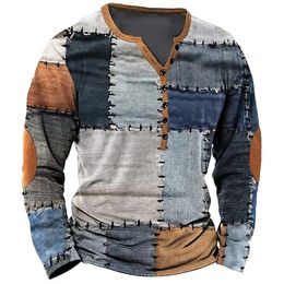 Men's T-Shirts Patchwork Denim Vintage T-Shirt For Men Patchwork Grid Graphic T Shirts 3D Printing Short Sleeve Tee Oversized Man Clothing Top 231207