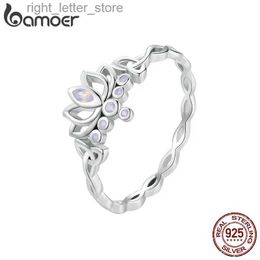 Solitaire Ring Bamoer 925 Sterling Silver Lotus Ring Elegant Flower Purple Zircon Band for Women Party Platinum Plated Fine Jewelry Gift BSR487 YQ231207