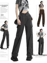 Women's Jeans JRJL Cuffs Cargo Pants Women Autumn Winter Vintage Thicken Straight High Waisted Chic Loose Full Length Wide Leg