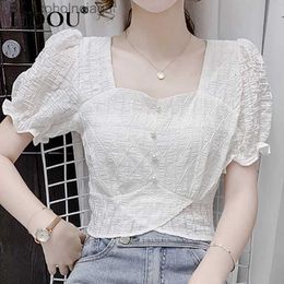 Women's T-Shirt Summer New Elegant Fashion Square Collar Beading Irregular Chiffon Shirt Top Women Waist Ruffles Puff Short Sle Casual BlouseL231208