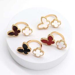 van clover version of the celebrity Super Immortal Four Leaf Grass Open Ring for Women with Minimalist Design Sense White Fritillaria Butterfly Index Finger