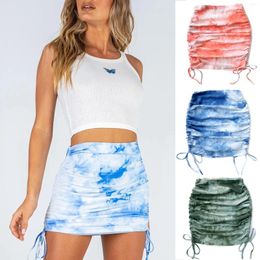 Skirts Mini Skirt 2023 Women's Wear Elastic Pleated Knitted Pitted Side Drawstring Sexy Tie-Dye Hip Shirring