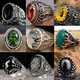 Wedding Rings Retro Handmade Turkish Ring for Men Vintage Double Swords Black Zircon Rings Punk Trendy Islamic Religious Muslim Jewellery 231208