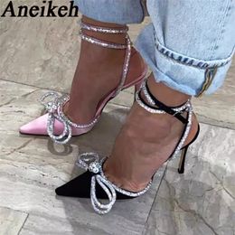 Dress Shoes Aneikeh PVC Style Glitter Rhinestones Women Pumps Crystal Bowknot Satin Lady Silk High Heels Party Shoes 2024 Spring Size 35-42 231207