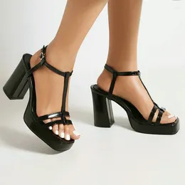Sandals 2023 Summer Plain White Black Open Toe T-strap Designer Women Classic Shoes Modern Block High Heels Platform