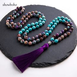 Pendant Necklaces 8mm Natural Turquoise Violet Imperal Jaspers Beaded Knotted 108 Japamala Necklace Meditation Yoga Tibetan Buddha Head Jewellery 231207