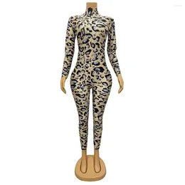 Stage Wear Leopard Crystal Elastic Jumpsuit Sexy Nightclub Bar Performance Printed Tights Party Festival Rave Outfit Dance Costume