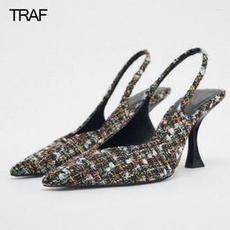 Dress Shoes TRAF 2023 Women Pumps Pointed Toe High Heels Slingback Elegant Woman Heeled Fabric Wedding Bride Office