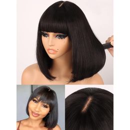 Straight Fringe Bob Wig With Bangs Human Hair Glueless Short Bob 4x1 Machine Made Lace Wigs For Women