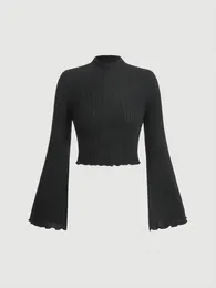 Women's Blouses Casual Mock Neck Ruched Flare Long Sleeve Crop Top Women Spring 2024 Y2K Clothes Fashion Solid Skinny Rib Knit Tee Shirt