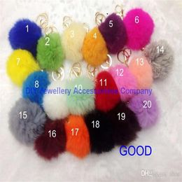 DHL 100pcs 20 colors lovely 8CM Genuine Leather Rabbit fur ball plush key chain for car key ring Bag Pendant car keychain158G