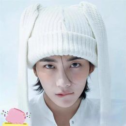 Berets Kpop Jeonghan Knitted Hat Letter Label Long Ear Thick Dome Woollen Cap Winter Warm Cute Fashion Women Men Clothing Accessories