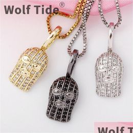 Pendant Necklaces 925 Sterling Sier Womens Terrorist Face Mask Necklace Black Iced Out Cubic Zirconia Top Quality Fl Bling Diamond Hip Otla4