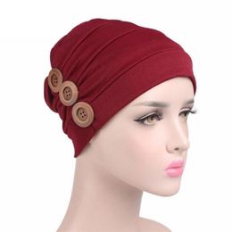 Turbano Scarf Cancer Hat Women Beanies Female Hats Ruffle Wind Red Bonnet Chimio Coton Turban Muslim Button #800290L