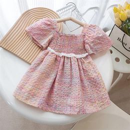 Girl Dresses 2023 Summer Arrival Girls Short Sleeve Square Collar Ruched Lace Pink Designer Cute Party Princess Dress Custume 3-7T