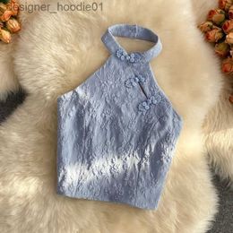 Women's Tanks Camis Women's Chinese Style Dobby Crop Tops Backless Mandarin Collar Halter Button Camis Vintage Sleless Print Blue Tank Top Y2k L231208