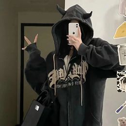 Women's Hoodies Sweatshirts Women Retro Hoodies Zipper Long Sleeve Jacket Coats Casual Hooded Oversized Streetwear Couples Letter Devil Tops 231207